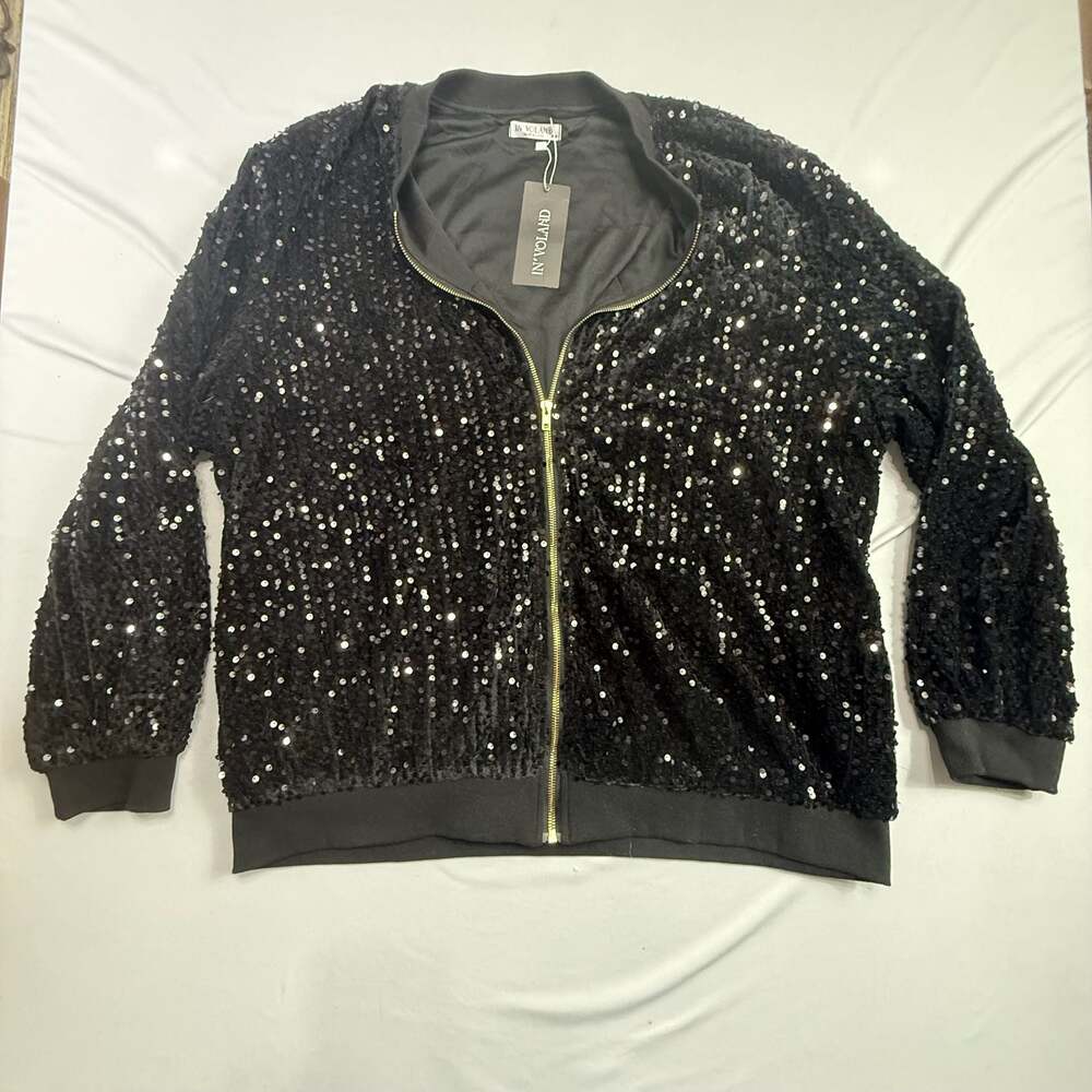 IN'VOLAND Women's Plus Size Sequin Bomber Jacket Black 20W